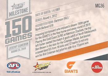 2020 Select Footy Stars - AFL Milestone Games #MG36 Jeremy Cameron Back